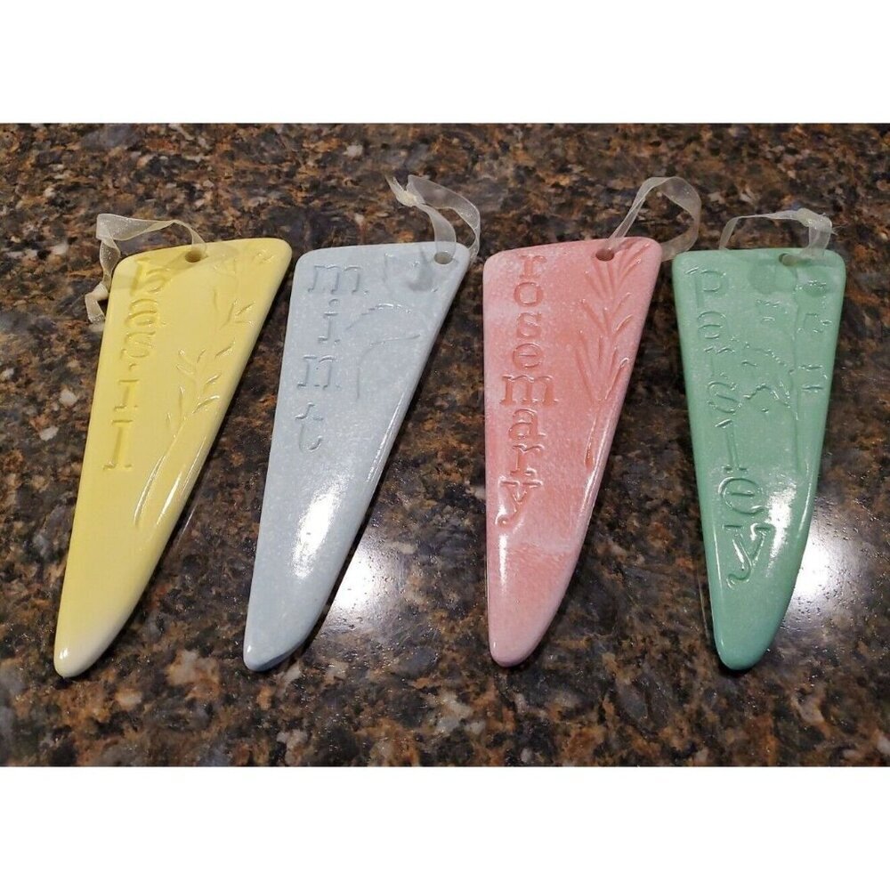 Set Of 4 Ceramic Garden Markers Rosemary Parsley Basil Mint Wall Hanging 8”Lx3”W
